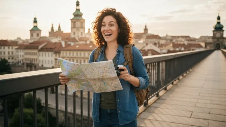 Turysta z mapą i aparatem fotograficznym stoi na moście w Europie, patrząc na zabytek poniżej