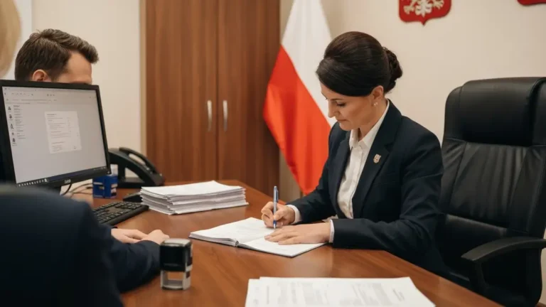Urzędnik USC wypełniający akt urodzenia dziecka – dokumenty na biurku