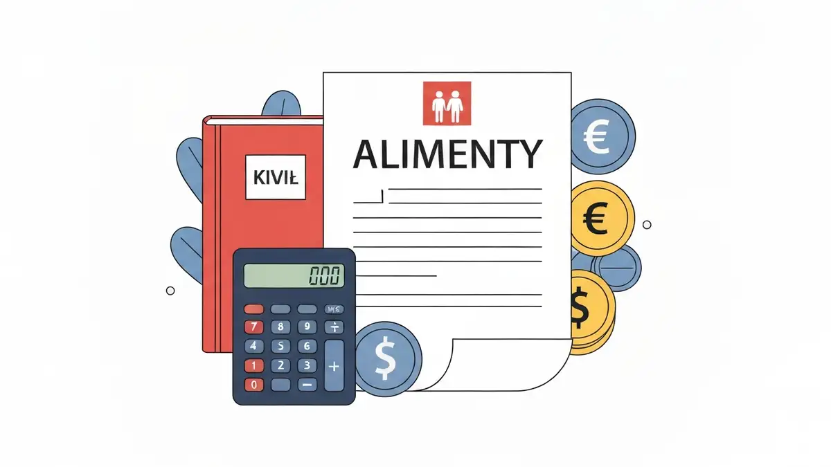 Dokument alimentów, kalkulator, kodeks cywilny i pieniądze symbolizujące zobowiązania alimentacyjne na dziecko