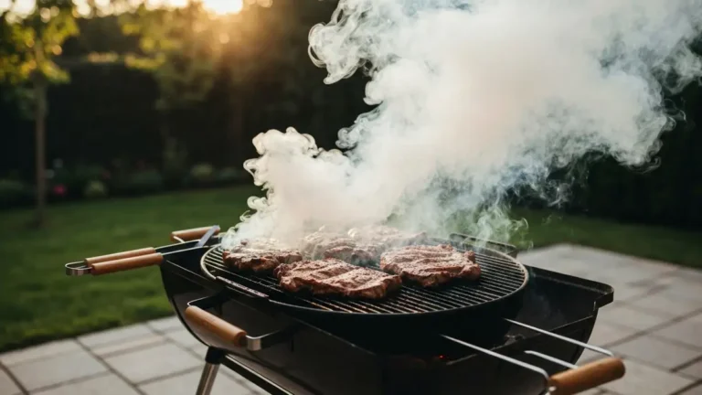 Grill węglowy z miałem wędzonym na gorących węglach, dym wydobywający się z grilla, aranżacja na domowym patio z akcesoriami grillowymi