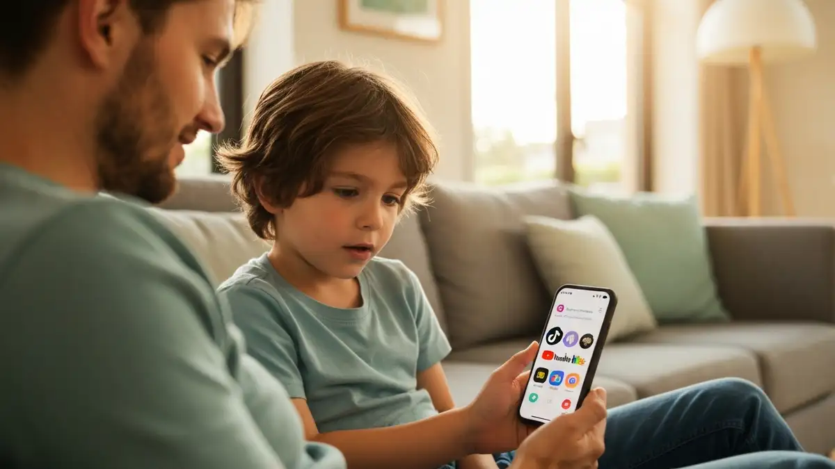 Rodzic i dziecko patrzą na smartfon, obok ikony TikToka i YouTube Kids, bezpieczeństwo online