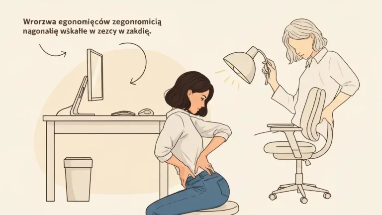 Kobieta z bólem kręgosłupa trzymająca się za plecy podczas pracy przy biurku