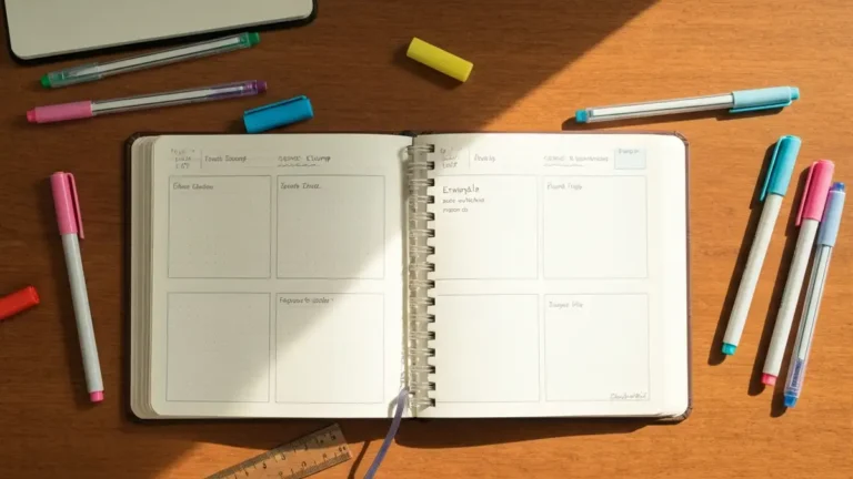 Notatnik bullet journal otworzony z kolorowymi flamastrami, linijką i notatkami na pierwszej stronie