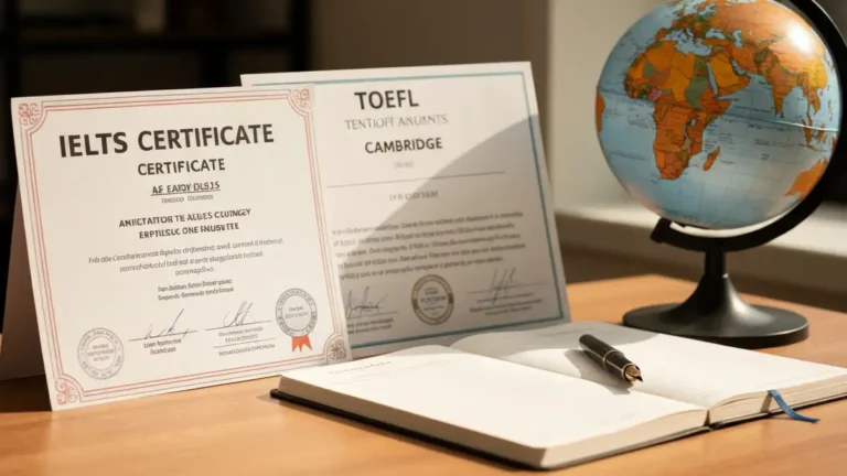 Trzy certyfikaty łopatologicze angielskiego leżące obok siebie z symbolami testów IELTS, TOEFL i Cambridge