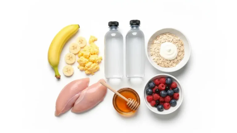 Zestaw zdowych produktów przedtreningowych: banan, jajka, kurczak, woda, płatki zbożowe, miód na białym tle