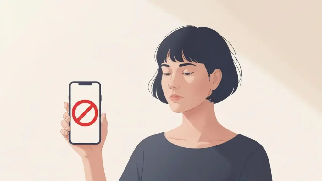 Osoba trzymająca telefon z czerwonym znakiem zakazu, symbolizując cyfrowy detoks i odcięcie się od technologii