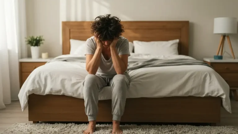 Kobieta siedząca na łóżku, wyglądająca smutna i zmęczona, trzymająca się za głowę - symbolizując objawy depresji i zaburzenia psychiczne
