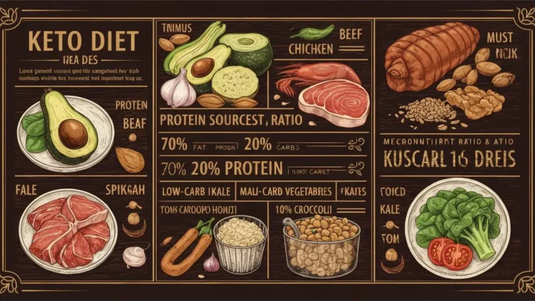 Dieta keto - infografika z produktami pozwolonymi, makroskładnikami i pierwsze kroki na diecie ketogenicznej