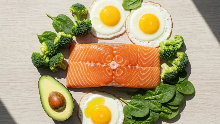 Produkty na diecie low-carb: mięso, ryby, jaja, warzywa zielone, oliwa z oliwek, awokado na jasnym drewnianym stole
