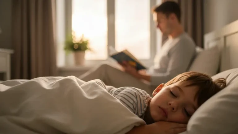 Spokojne dziecko leżące w łóżku wieczorem, z miekkim oświetleniem i personelem w tle czytającym opowieść