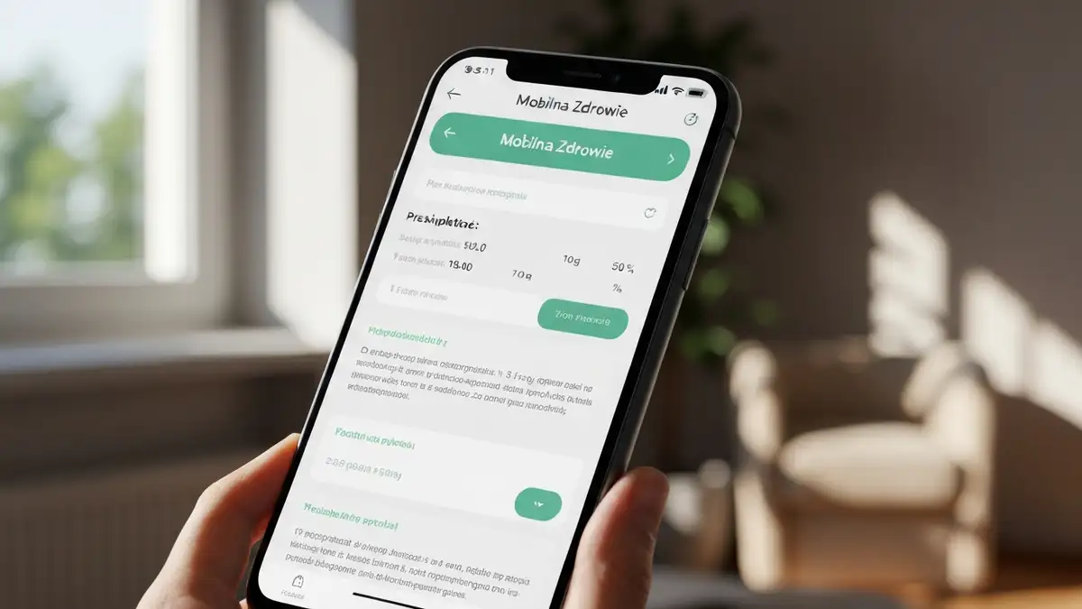 Ekran smartfona pokazujący aplikację Mobilna Zdrowie z e-receptą na tle biurka pacjenta