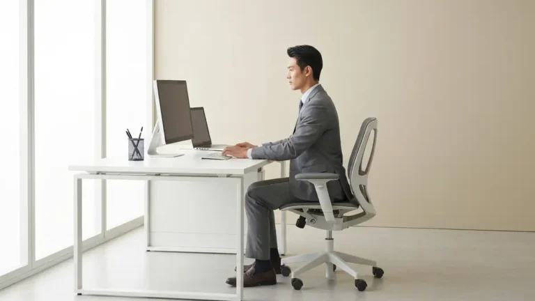 Osoba siedząca przy biurku z prawidłową posturą – monitor na poziomie oczu, ramiona luźne, plecy oparte o fotel ergonomiczny