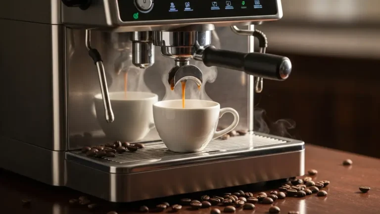 Ekspres do espresso z filiżanką gotowego napoju, ziarnami kawy i akcesoriami do parzenia
