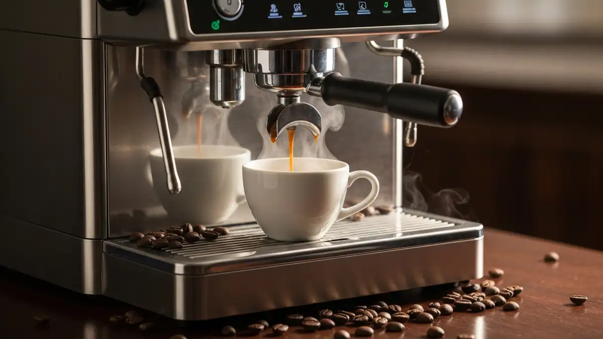 Ekspres do espresso z filiżanką gotowego napoju, ziarnami kawy i akcesoriami do parzenia
