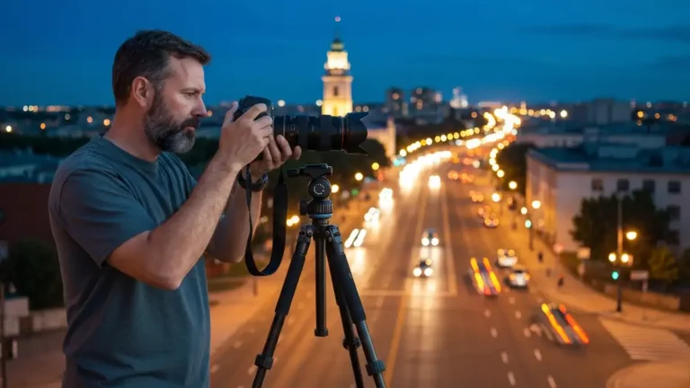 Aparat na statywie fotografujący nocny krajobraz miasta z długą ekspozycją