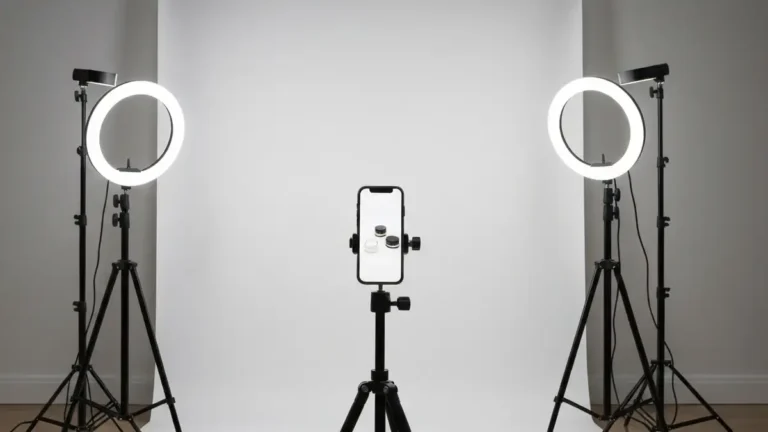 Domowe studio fotograficzne z białym tłem, reflektorami LED i produktami gotowymi do fotografowania