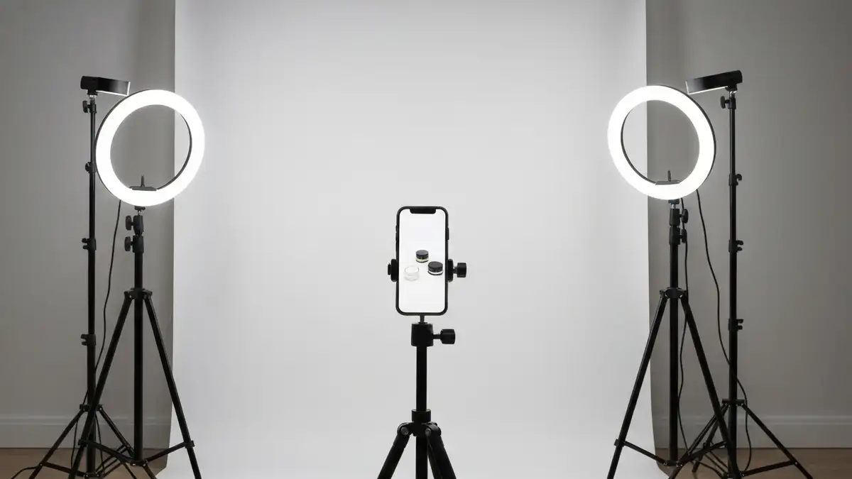 Domowe studio fotograficzne z białym tłem, reflektorami LED i produktami gotowymi do fotografowania
