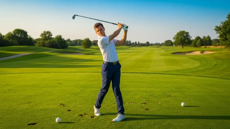 Początkujący golfista uderza piłkę na polu golfowym w Polsce, wysoki quality, słoneczny dzień