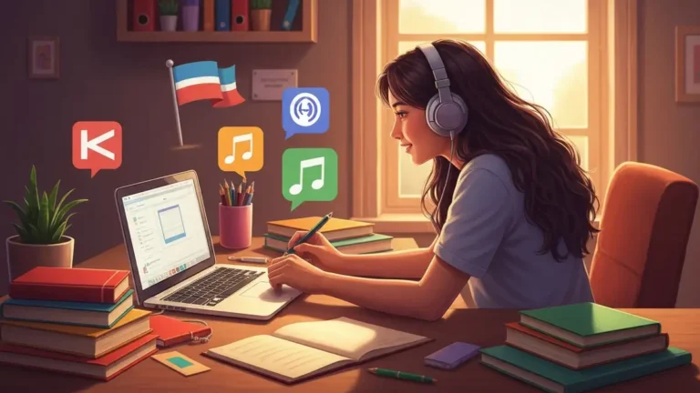 Osoba pracująca na laptopie z słuchawkami, otoczona flagami różnych krajów i ikonami mediów edukacyjnych