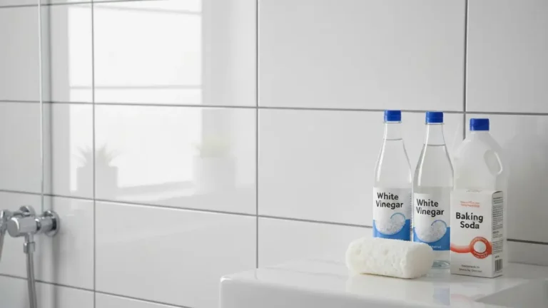 Błyszczące płytki ceramiczne w nowoczesnej łazience, ręka trzymająca gąbkę czyszczącą, butelka octu i sody oczyszczonej
