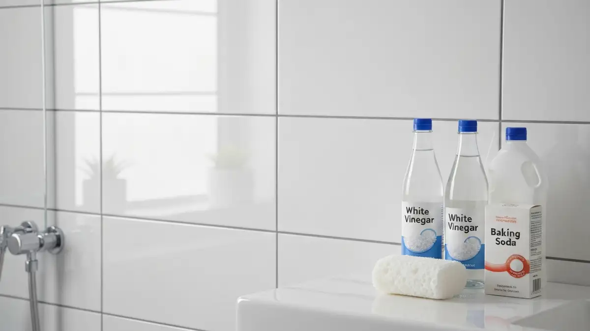 Błyszczące płytki ceramiczne w nowoczesnej łazience, ręka trzymająca gąbkę czyszczącą, butelka octu i sody oczyszczonej