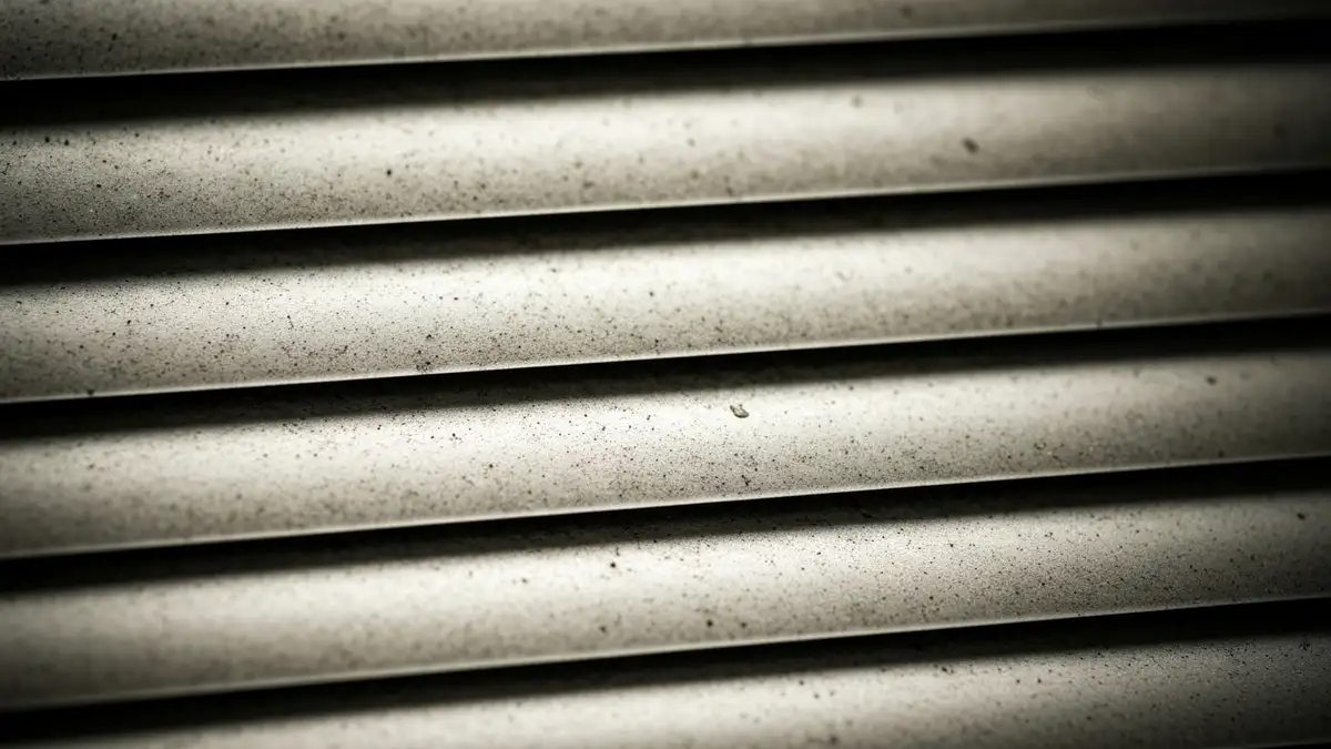 Zbliżenie na poziomą żaluzję aluminiową zabrudzną kurzem i matowością z powodu tłuszczu kuchennego