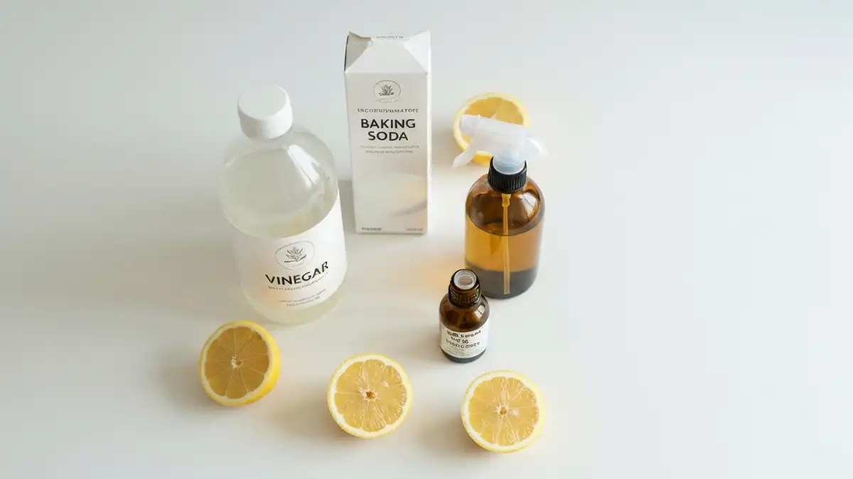 Naturalne produkty do dezynfekcji domu: ocet, soda, cytryna i butelka ze sprayem