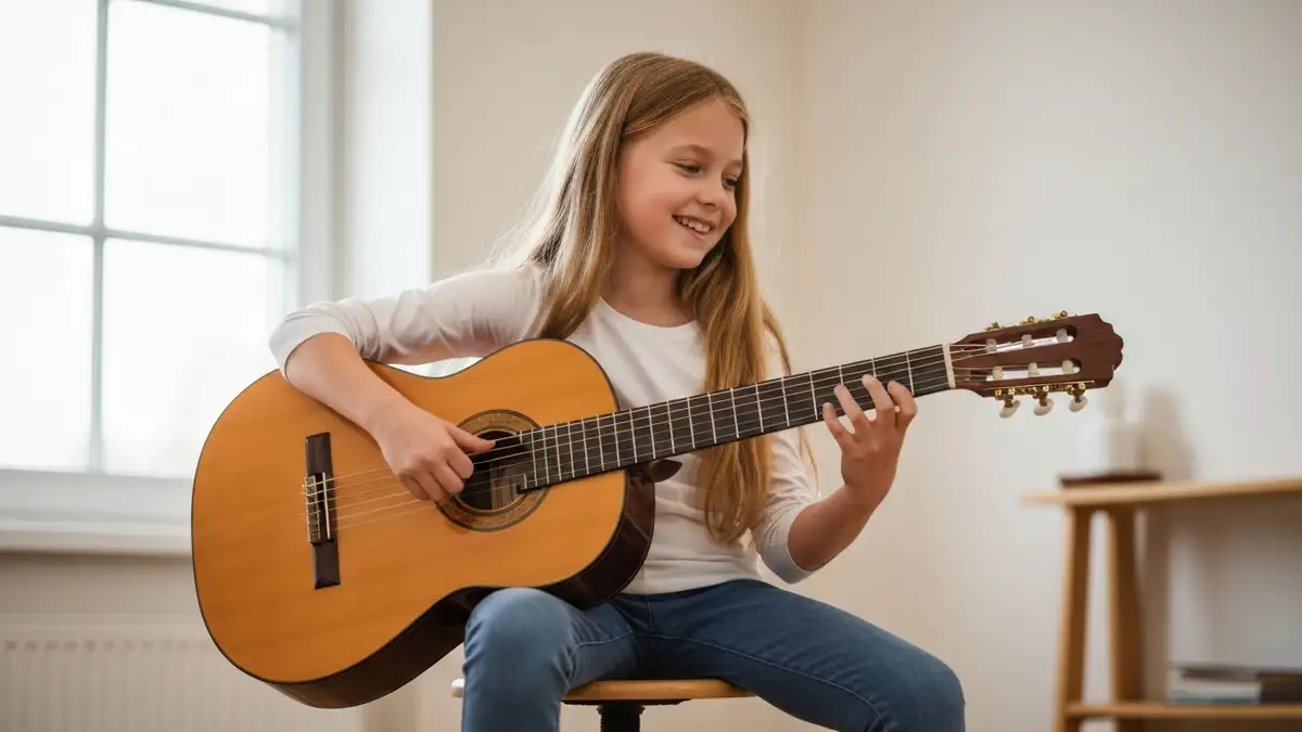 Dziewczyna trzymająca gitarę odpowiedniego rozmiaru, siedząca w pozie do gry