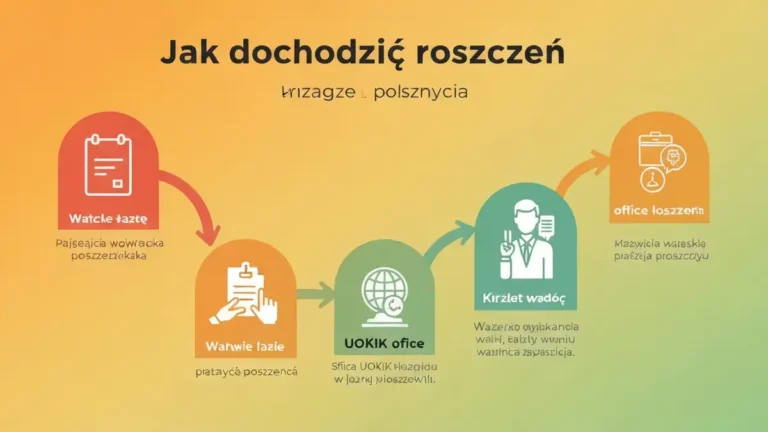 Ilustracja pokazująca kroki dochodzenia roszczeń: rozmowa ze sprzedawcą, dokument UOKiK, sąd, poradnia konsumencka