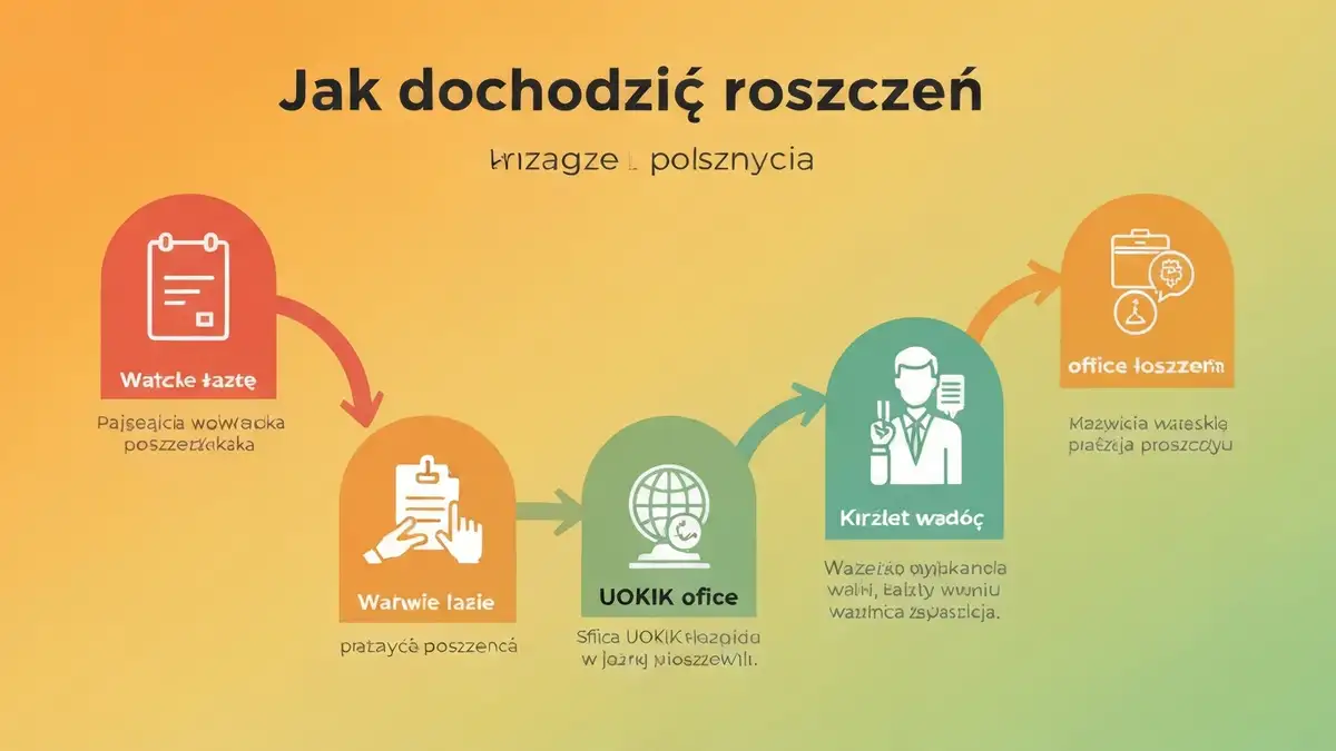 Ilustracja pokazująca kroki dochodzenia roszczeń: rozmowa ze sprzedawcą, dokument UOKiK, sąd, poradnia konsumencka