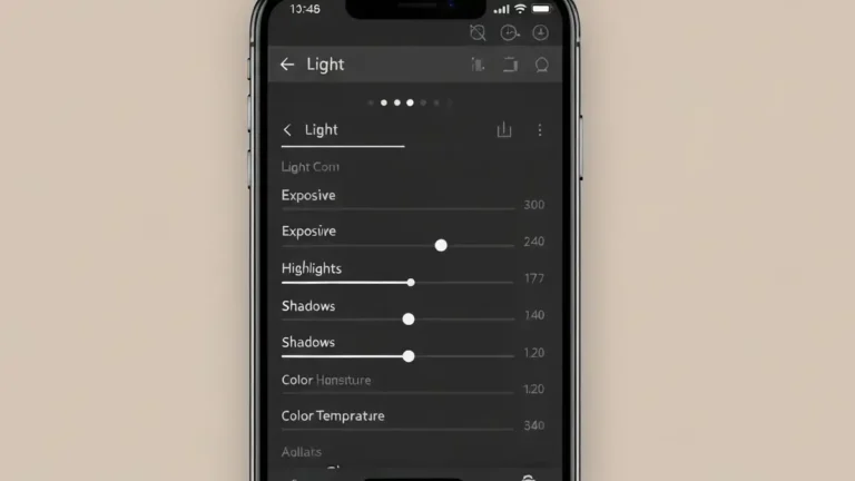 Ekran aplikacji Lightroom Mobile ze zbliżeniem na panel edycji światła z suwakami exposure, highlights i shadows