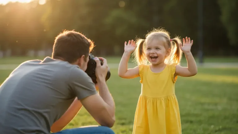 Ojciec fotografujący uśmiechające się dziecko aparatem w słonecznym parku z miękkim oświetleniem