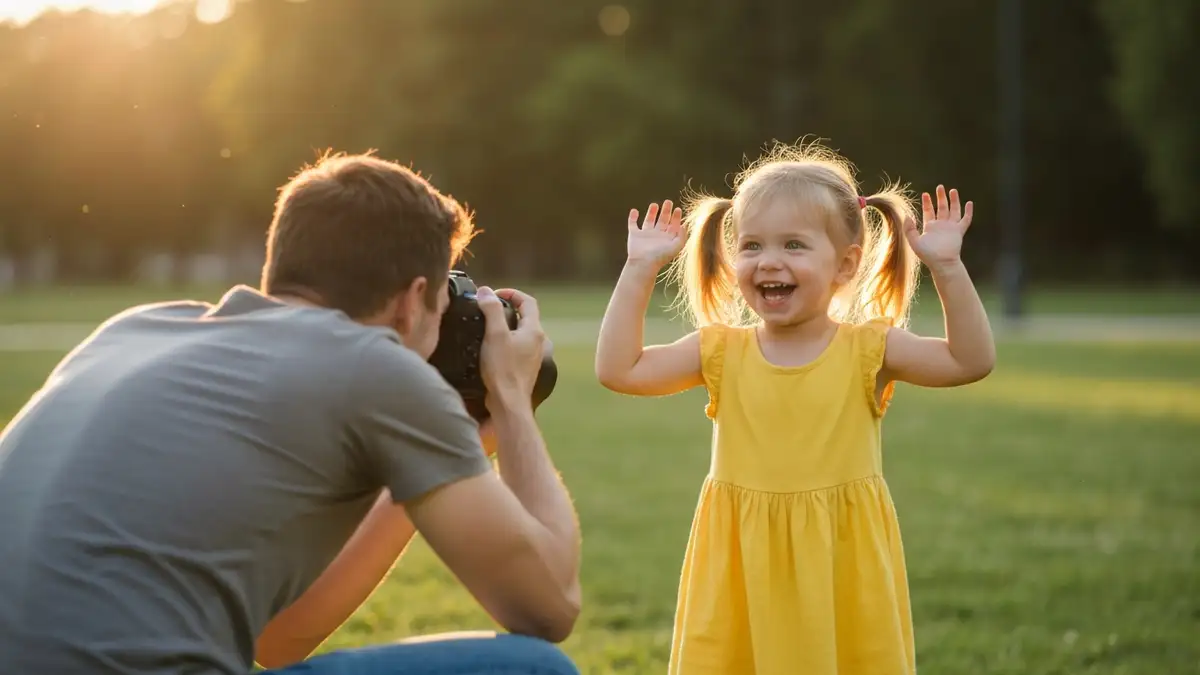 Ojciec fotografujący uśmiechające się dziecko aparatem w słonecznym parku z miękkim oświetleniem