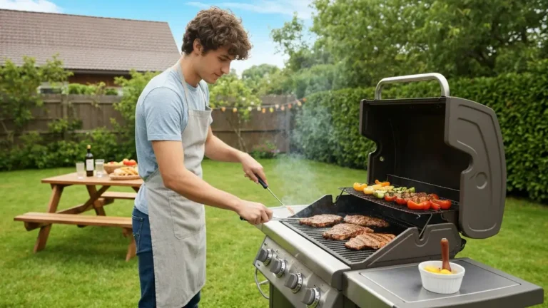 Początkujący grillowicz gotujący mięso i warzywa na grillu gazowym w ogrodzie, z termometrem do mięsa i obowiązkową odzieżą kuchenną