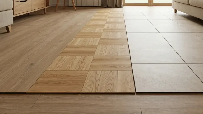 Porównanie trzech typów podłóg: paneli, parkietu i płytek ceramicznych w przytulnym salonie