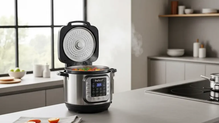 Multicooker Instant Pot z otwartą pokrywą pokazujący wewnętrzny garnek i zatem ciśnieniowy, na jasnym kuchennym stole
