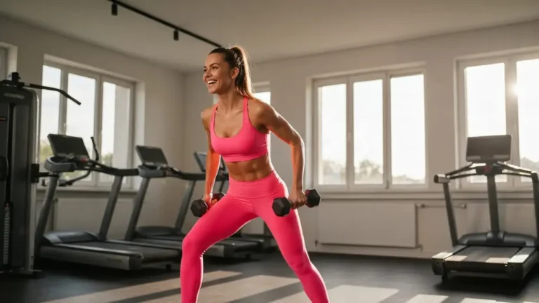 Kobieta w strojzie sportowym ćwiczy z hantlami w słonecznym salonie, uśmiechnięta i zmotywowana do regularnego treningu