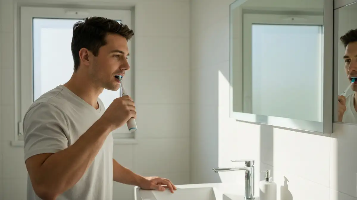 Dorosły mężczyzna myje zęby Electric Toothbrush w łazience, widok profilu, promień słoneczny z okna