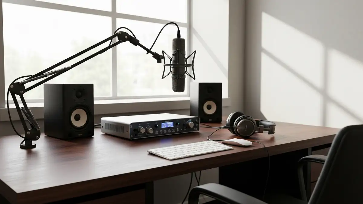 kompaktowe domowe studio nagrań z mikrofonem, interfejsem audio i słuchawkami na małym biurku