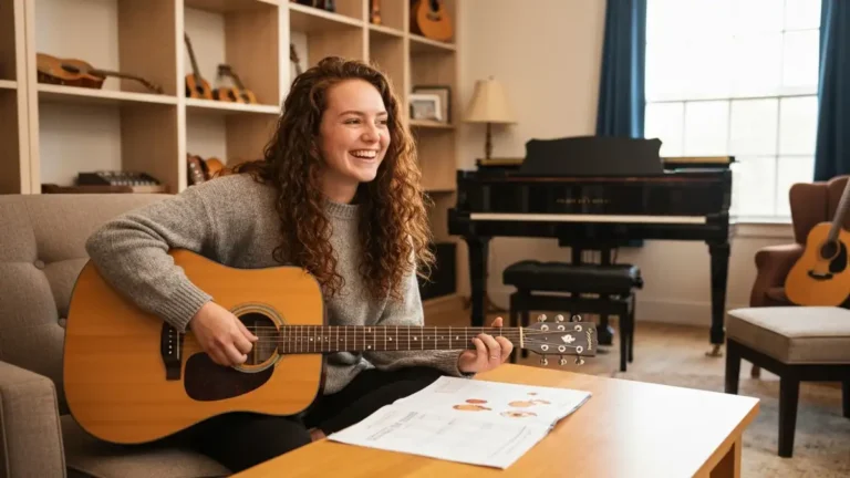 Gitarzysta początkujący trzymający gitarę akustyczną, uśmiechający się, podroży trzymając poradnik 90-dniowy