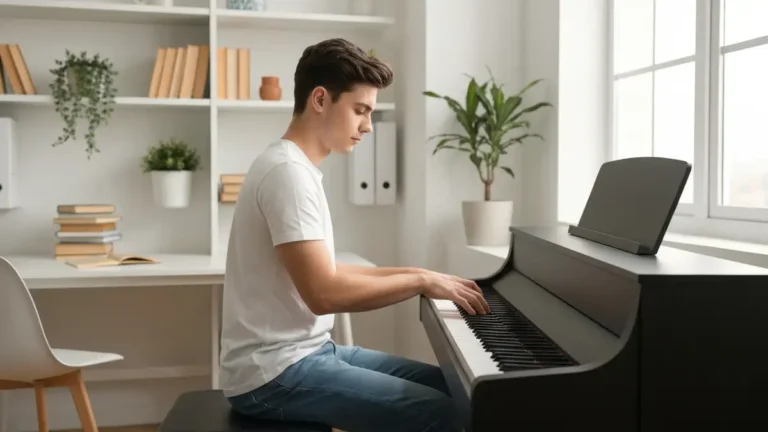 Osoba uczącą się grać na pianinie w domu przy cyfrowym keyboardzie, siedząc z prawidłową pozycją, jasne oświetlenie, nowoczesne otoczenie domowe