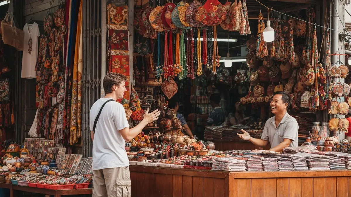 Turysta negocjuje cenę pamiątki na colorful Asian street market with local vendor, vibrant goods displayed