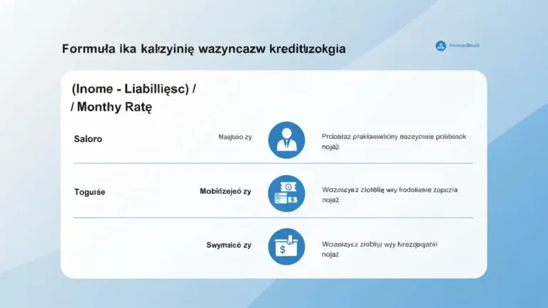 Schematyczne przedstawienie wzoru do obliczania zdolności kredytowej – dochody, zobowiązania, rata kredytu