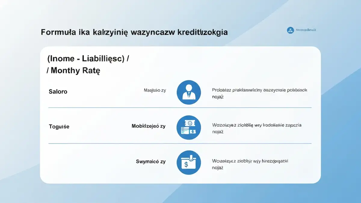 Schematyczne przedstawienie wzoru do obliczania zdolności kredytowej – dochody, zobowiązania, rata kredytu