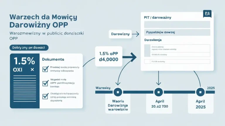 Schematyczna ilustracja procesu odliczenia darowizny na OPP od podatku PIT, z wzorem obliczenia 1,5% i przykładami dokumentów