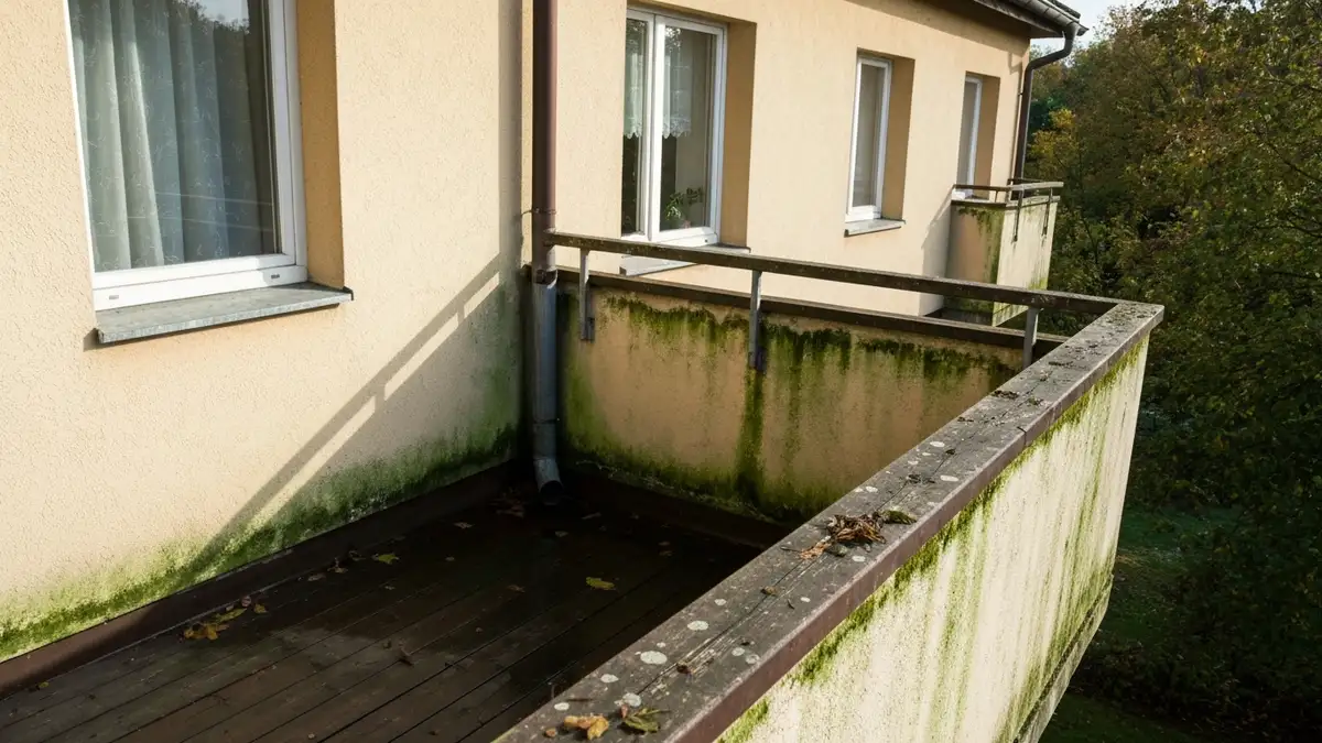 Balkon z zalegającą wodą i śladami pleśni w kącie, pokazujący problem negatywnych skutków braku odprowadzenia wody