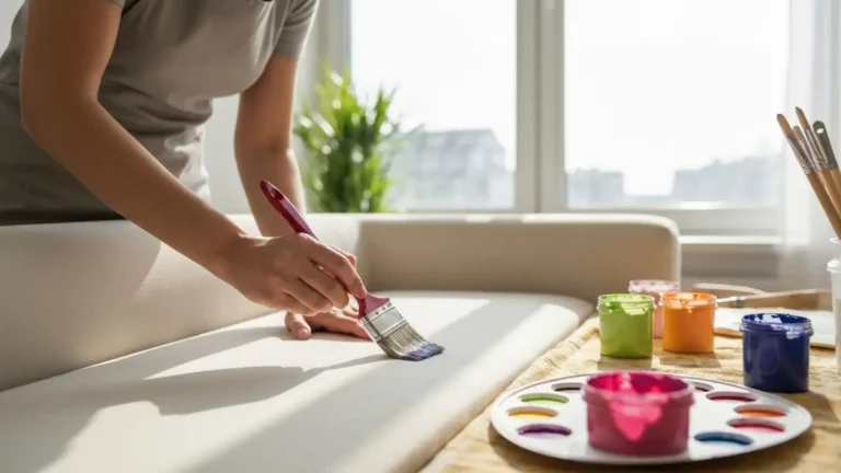 Osoba maluje wielokolorowe meble tapicerowane farbą do tkanin za pomocą pędzla w domowym warsztacie DIY
