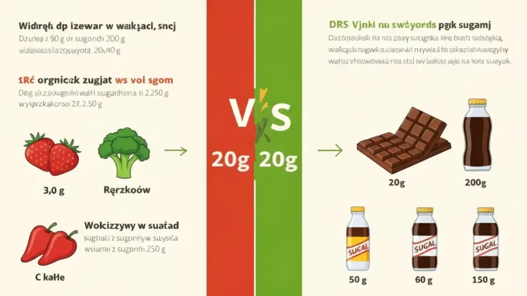 Tabela porównawcza zawartości cukru w popularnych produktach, owoce i warzywa kontra cukierki i napoje słodkie