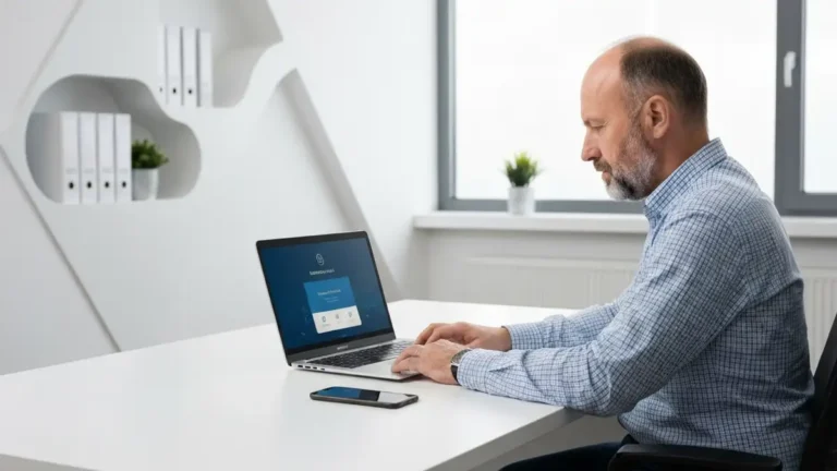 Laptop z otwartą stroną banku i ikonami weryfikacji tożsamości na ekranie