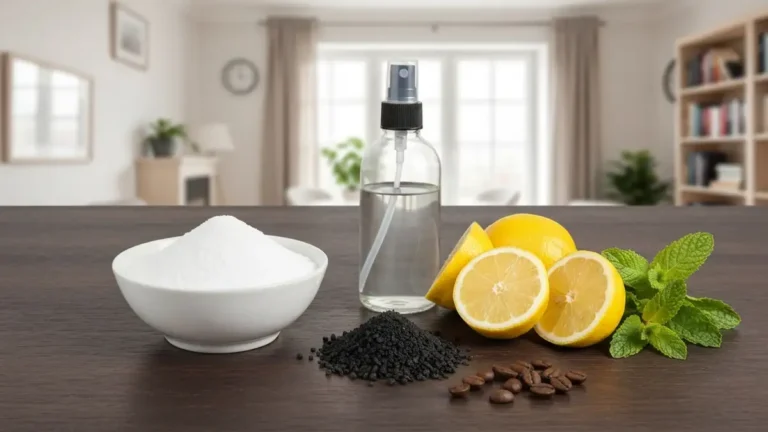 Naturalne sposoby pozbycia się zapachu z mieszkania – soda, ocet, węgiel aktywny, cytrusa na drewnianym stole
